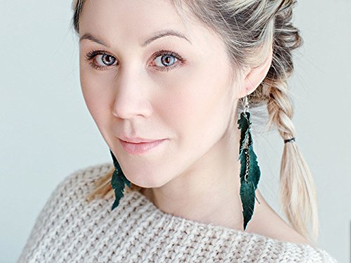 Leather Feather Earrings, Suede layered earrings, boho wedding jewelry, summer earrings, gift for her, dangle earrings - color: Dark green