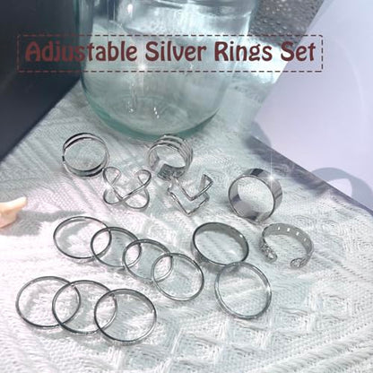 17PCS Silver Knuckle Rings for Women Stainless Steel Rings Set Midi Stackable Rings Simple Smooth Finger Rings Silver Adjustable Rings Jewelry Gift - color: 15 pcs