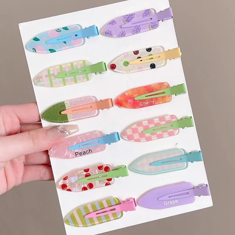 10PCS Colorful Mini Snap Hair Clips Set for Women, Thin Acrylic Barrettes for Bangs, Lightweight No Mark Hairpins, Pastel Fruit Pattern Styling Clips for Daily Use