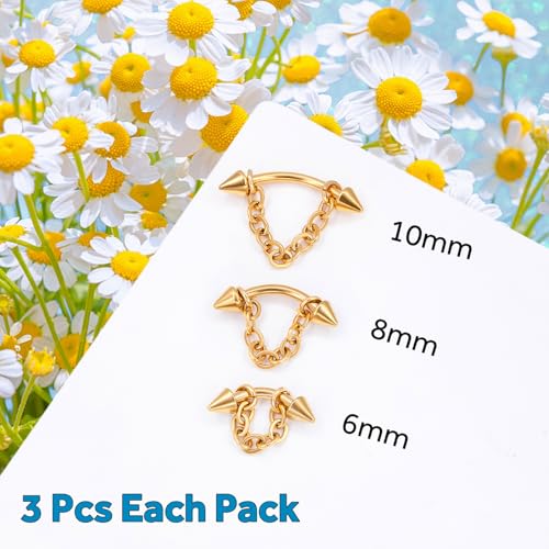 3 Pcs 316L Stainless Steel 16G Tragus Helix Rook Piercing Jewelry with Chain, Cartilage Earrings for Women, Belly Button Ring Vertical Labret Lip Piercing Jewelry - color: Gold, size: Cone