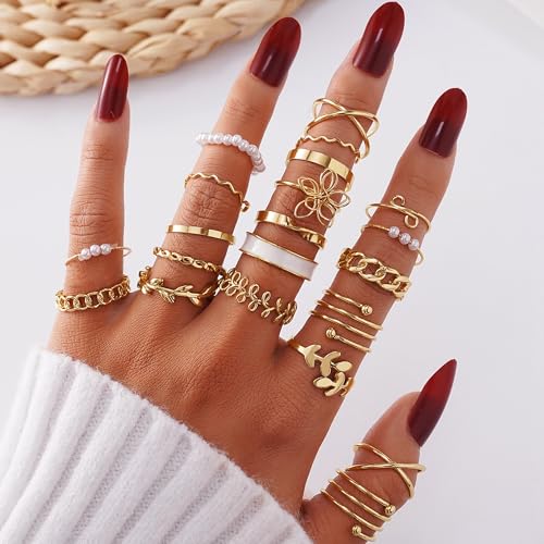 57 Pcs Gold Jewelry Set for Women,12 Pair Hoop Earrings，18 Pair Round Stud Earrings,21 Pcs Stackable Knuckle Rings,6 Pcs MultiLayer Pendant Necklaces，Fashion Accessories for women Gifts - style: Style 1