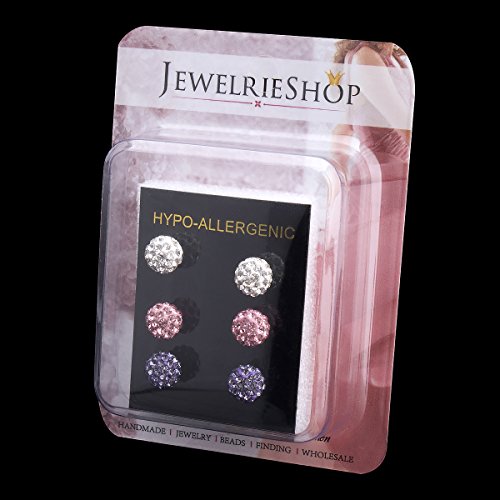 JewelrieShop Rhinestones Crystal Ball Stud Earrings Set Fireball Disco Ball Pave Bead Earrings Hypoallergenic for Women - color: Set O. 8mm x 3 Pairs (White, Lt. Pink, Tanzanite)
