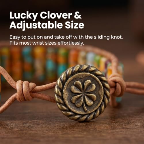 Boho Beaded Bracelets for Women, Chakra Healing Adjustable Strand Bracelet | Colorful Bohemian Trendy Jewelry, Fashion Accessories Gifts, Natural Stone and Leather Wrap