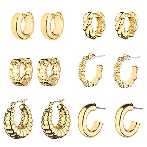 Wgoud 6 Pairs Chunky Gold Hoop Earrings for Women, 14K Gold Plated Hoop Earrings Hypoallergenic, Thick Lightweight Twisted Huggie Hoops Earring Set for Women’s Jewelry GIfts - color: 6 Gold Chunky Hoops