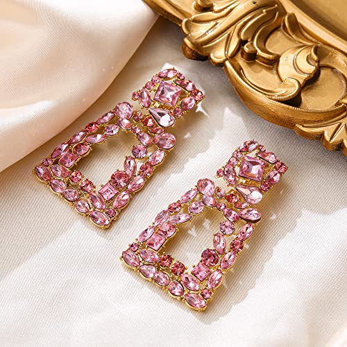 Flyonce Rectangle Clip-on Drop Earrings for Women, Sparkly Rhinestone Crystal Geometric Statement Non Pierced Earring Wedding Prom Party Jewelry for Brides Bridesmaid - color: Gold-Tone_Pink