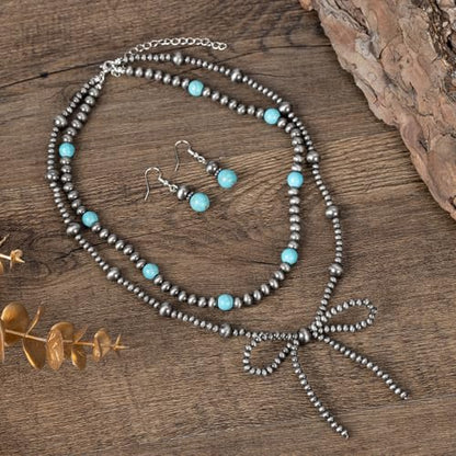 Navajo Pearl Bow Jewelry Set Western Turquoise Necklace Earring for Women Cowgirl Western Jewelry - style: Style-A