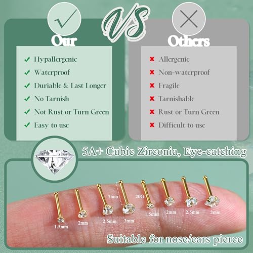 Jstyle 18G 20G Nose Rings Stud for Women Men Silver/Gold Nose Studs 8Pcs | Hypoallergenic 316L Stainless Steel Nose Rings for Sensitive Skin, 1.5/2/2.5/3MM Cubic Zirconia Nose Piercing Jewelry - color: 14K Gold Plated-20G