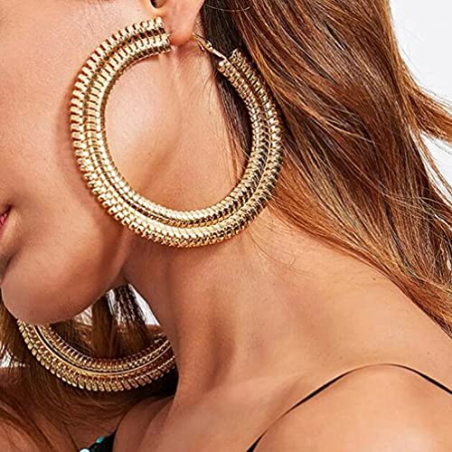 Extra Large Chunky Cuban Hoop Earrings Geometric Double Layered Round Loop Boho Earrings for Women (80mm gold) - size: 80mm gold