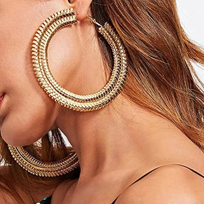Extra Large Chunky Cuban Hoop Earrings Geometric Double Layered Round Loop Boho Earrings for Women (80mm gold) - size: 80mm gold