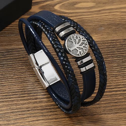 Tree of Life Leather Bracelet for Men, Multi-Layer Braided Religious Mens Cuff Bracelets with Alloy Clasp Anniversary Father's Day Birthday Christmas Jewelry Gifts for Him - color: Navy Blue