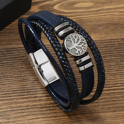 Tree of Life Leather Bracelet for Men, Multi-Layer Braided Religious Mens Cuff Bracelets with Alloy Clasp Anniversary Father's Day Birthday Christmas Jewelry Gifts for Him - color: Navy Blue