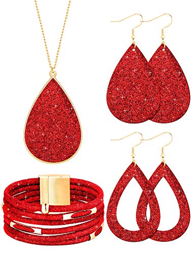 Hicarer 4 Pcs Jewelry Sets for Women Glitter Necklace and Earring Set Multi Layer Bracelet Costume Jewelry Sets for Bridal Shower Wedding - color: Red