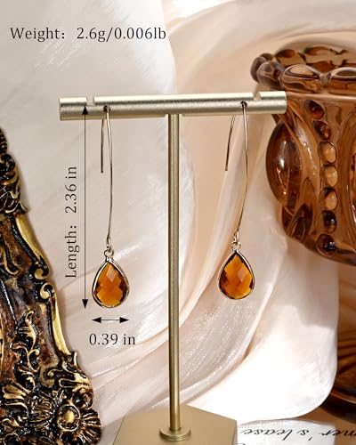 Long 14K Gold Plated Brown Teardrop Stone Dangle and Drop Vintage Earrings Crystal Lightweight Earrings for Women