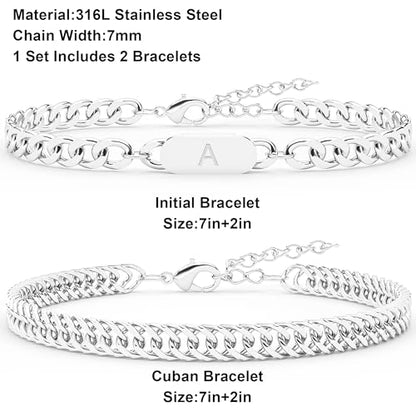 2PCS Initial Letter Cuban Bracelet, A-Z Letter Pendant Stainless Steel Silver Cuban Link Chain for Men Women Jewelry Set for Him Her - style: T