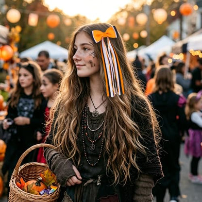 2PCS Halloween Long Tail Hair Bow Clips Grosgrain Sequins | Grosgrain Fabric, Sequin Strands, Alligator Clip with Fabric Wrap, Ponytail Styling, Halloween Party Photography Accents - color: Orange & Black