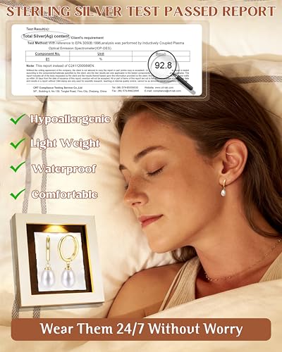 FIBO STEEL 14K Gold Plated Hoop Earrings with Charms for Women Huggie Hoops | Hypoallergenic 925 Sterling Silver Post Dangle Earrings Small Silver Gold Hoops Earring Cubic Zirconia Dangle Drop Jewelry - color: Pearl - 14K Gold Plated