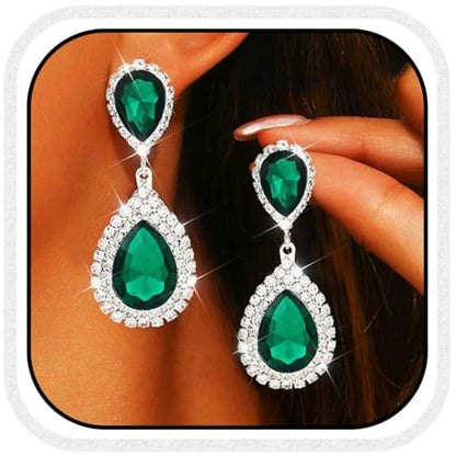 Catery Crystal Wedding Earrings Silver Rhinestone Ear Rings Teardrop Bridal Ear Jewelry for Brides and Women - color: Green