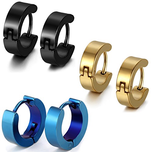 Aroncent Stainless Steel Hoop Earrings: 3-8 Pairs Men Small Hoop Huggie Hinged Earrings Set for Men Women 4mm Valentine Day Gifts - color: B-3PCS-Black+Blue+Gold