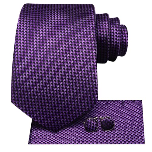 Dubulle Mens Paisley Striped Tie Woven Necktie for Men and Handkerchief Cufflinks Set Wedding Formal Business - color: Black Purple