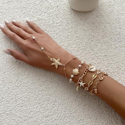 Beach Starfish Shell Pendant Hand Chain Layered Bracelet with Finger Ring for Women Gold-Plated Stackable Faux Pearls Beaded Chain Bracelets 5PCS Set Summer Trendy Jewelry Adjustable Vacation Gifts