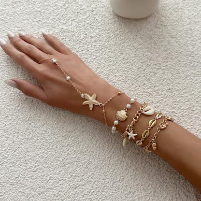 Beach Starfish Shell Pendant Hand Chain Layered Bracelet with Finger Ring for Women Gold-Plated Stackable Faux Pearls Beaded Chain Bracelets 5PCS Set Summer Trendy Jewelry Adjustable Vacation Gifts