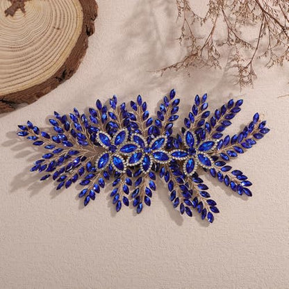 Teyglen Large Full Rhinestone Headband Flower Crystal Bride Wedding Headband Hair Vine Bridal Rhinestone Headpiece Wedding Hair Accessories for Women Party Prom (Blue) - color: Blue