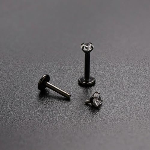 16G 18G Titanium Internal Thread CZ Stud Earrings Flat Back, Silver Black Tragus Helix Conch Cartilage Piercing Jewelry for Women Men 6mm 8mm 10mm Labret Studs 2PCS - color: Black, 16g, 8mm bar, 3mm White CZ