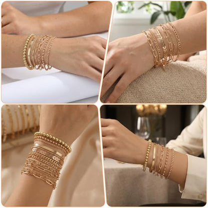 28 PCS Gold Bracelets for Women, 14K Gold Plated Bracelet Stack Bangle Cuff | Bracelet Set for Non Tarnish Bangle Cuff Cuban Link Paperclip Chain Bracelets Jewelry for Trendy Dainty Jewelry Pack for Gift