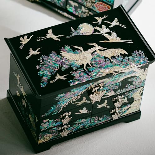 February Mountain Mother of Pearl Wooden Jewelry Organizer Box – Jewelry Storage Box for Women, Features Spacious Drawers, Ideal for Rings, Bracelets, Watches, Chains, Accessories (Crane_Black) - style: Crane_Black