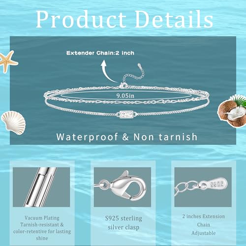 Sterling Silver Ankle Bracelets for Women 14K Gold Waterproof Layered Braided Chain Knot Charm Stackable Adjustable Non Tarnish Anklets Bracelet for Summer Beach Jewelry Gift - color: silverB