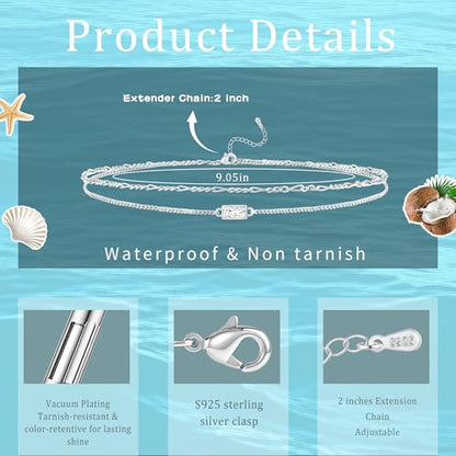 Sterling Silver Ankle Bracelets for Women 14K Gold Waterproof Layered Braided Chain Knot Charm Stackable Adjustable Non Tarnish Anklets Bracelet for Summer Beach Jewelry Gift - color: silverB