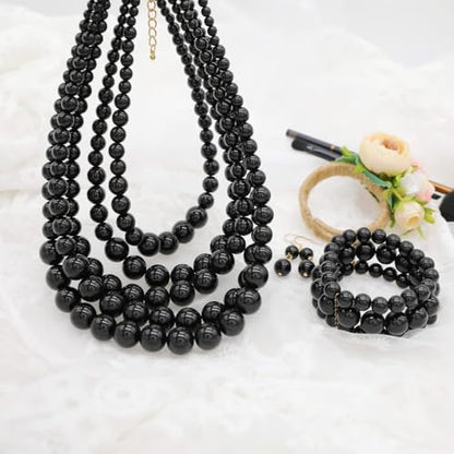 Faux Big Pearl Srand Necklaces for Women 5 Layers Pearls Choker Bib Collar Necklace Bracelet and Earrings set 1920s Costume Pearl Jewelry Bridal Wedding - color: black