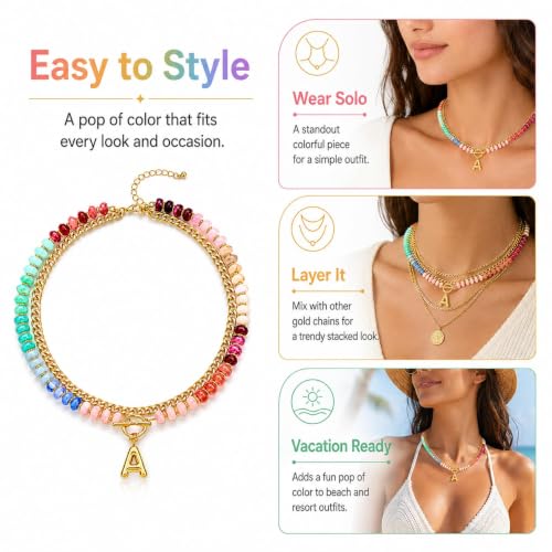 Colorful Beaded Bubble Letter Necklace For Women, Boho Double Layer Dopamine Rainbow Resin Beads Thick Cuban Chain Chunky With Initials Pendant Necklaces Summer Beach Jewelry Gift ﻿ - color: Dop I