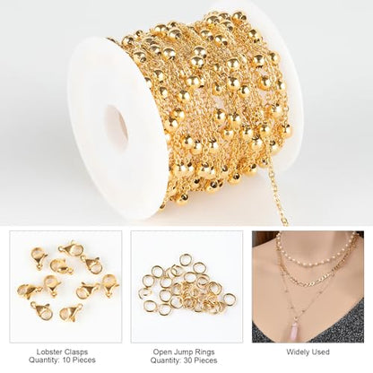 Kyutong Necklace Chains for Jewelry Making Beaded Chain Roll | 16.4 Feet Gold Plated Stainless Steel Jewelry Chains Bulk with Lobster Clasps Jump Rings for Bracelet Ankle Making - color: Gold-6