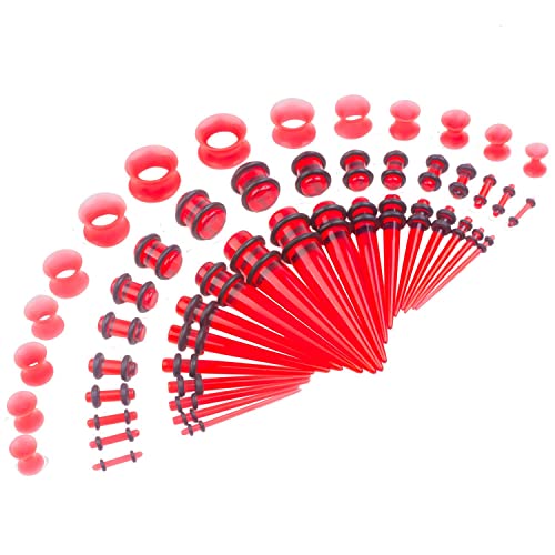 50 Pcs Ear Gauges Stretching Kit 14G-00G | Acrylic Tapers and Plugs Silicone Tunnels, Gauge Expanders Stretching Kit, Piercing Earring Jewelry for Men and Women - color: Red