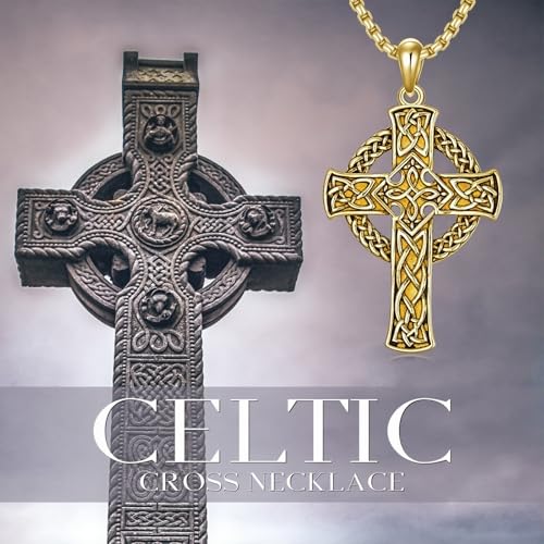 Celtic Cross Necklace For Men ，18K Gold Plated Celtic Cross Celtic Amulet Necklace Protection Jewelry Religious Gifts with 2.5mm 22"+2" Adjustable Rolo Chain - style: style4