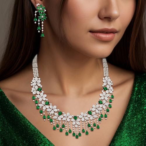 EVER FAITH Bridal Jewelry for Bride Bridesmaid, Elegant Cubic Zirconia Birthstone Cluster Flower Teardrop Wedding Party Necklace Dangle Earrings Sets for Women - color: Green