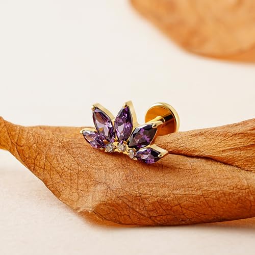 FINE4U 1PC ASTM F136 Titanium 16G Flatback Stud for Tragus, Helix, Conch 6mm 8mm - Screw on Cartilage Earring Piercing Jewelry - color: Flower CZ - Amethyst - Gold