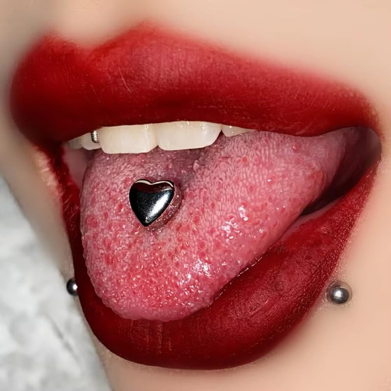 14G Heart Tongue Rings 316L Stainless Steel Tongue Barbell Straight Bar Tongue Piercing Jewelry for Women
