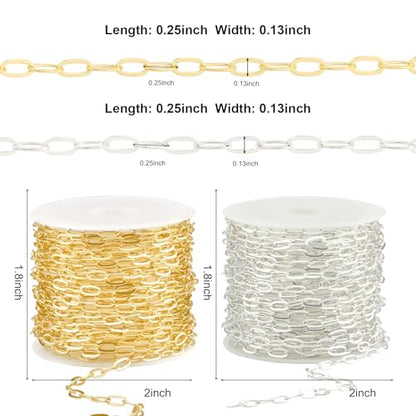 Kyutong 32.8 FT Gold and Silver Jewelry Making Chains Paperclip Chain Links | 2 Rolls Paper Clip Chain Necklace Brass Jewelry Findings with Clasps for Women DIY Jewelry Crafts - color: 3.2x6.3 Paperclip Chain