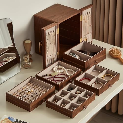 Wooden Jewelry Box, 5 Layer, Black Walnut, 7.9x8.7x10.0in | Large Jewelry Organizer for Women, Brass Handle, For Necklaces Rings Earrings Watches Storage, Gift for Her - size: 5 Layer(7.9"D x 8.7"W x 10"H)
