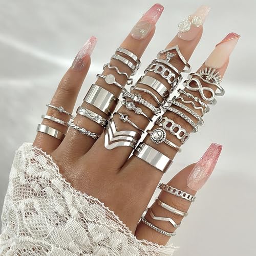 Gold Rings for Women Non Tarnish Stackable Rhinestone Moon Star Rings Dainty Stacking Pearl Butterfly Midi Pinky Thumb Joint Finger Knuckle Ring Set Gold Non Tarnish Jewelry Gifts Trendy Stuff - color: B Silver Stackable Rings 30Pcs