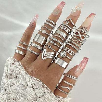 Gold Rings for Women Non Tarnish Stackable Rhinestone Moon Star Rings Dainty Stacking Pearl Butterfly Midi Pinky Thumb Joint Finger Knuckle Ring Set Gold Non Tarnish Jewelry Gifts Trendy Stuff - color: B Silver Stackable Rings 30Pcs