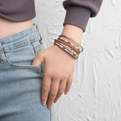 Rantanto Leather Wrap Bracelets For Women Gold Twist Lock Buckle Wrist Cuff | PU leather,Skin-friendly,Boho Stackable Wristband,Fashion Daily Jewelry,Trend Casual Party Bangle,Fit For Birthday, Holiday - color: Boho Brown