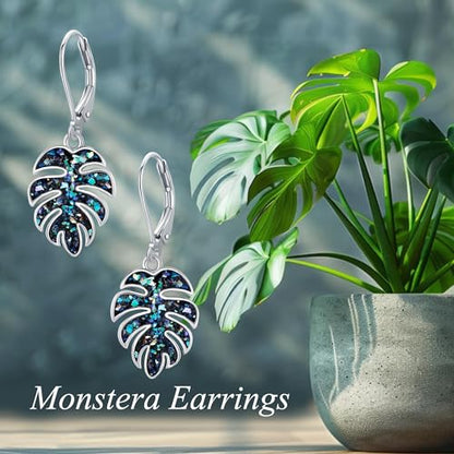 Monstera Earrings S925 Sterling Silver Leverback Palm Leaves Earrings Plant Dangle Drop Earring for Women Tropical Monstera Jewelry Gifts