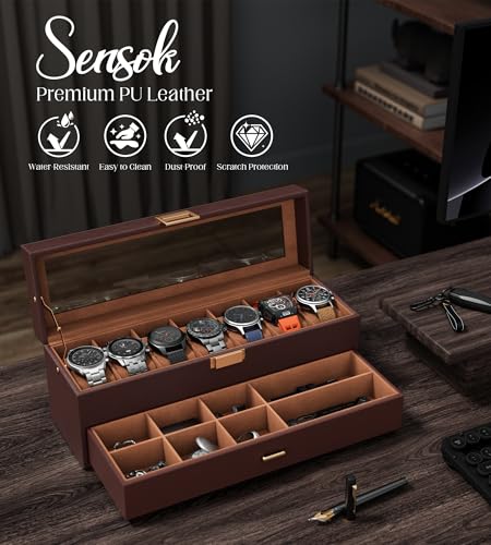 Watch Cases Box for Men 7 Slots Display Case with Jewelry Bottom | Watches Storage Organizer 2 Layer Pu Leather Collection Holder Gift for Dad Husband with Real Glass Lid Brown - size: 7 Slots, Brown