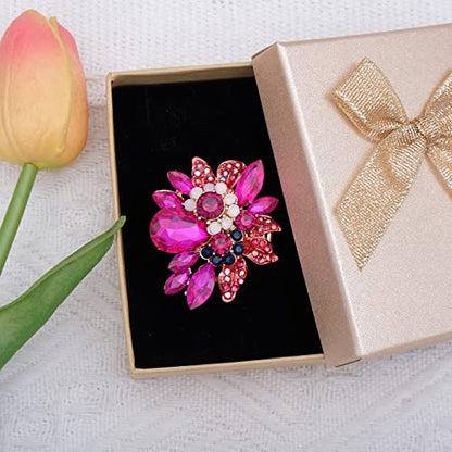 CSY Luxury Froral Cocktail Statement Rings Stretch Adjustable Ring | Gorgeous Women's Austrian Crystal Leaves Flower Big Cocktail Statement Rings Stretch Adjustable Ring Jewelry Accessories - color: hot pink crystal-gold tone