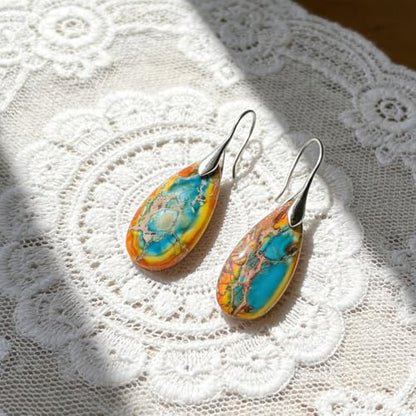 Boho Natural Imperial Jasper Teardrop Dangle Earrings for Women – Hypoallergenic French Hook Stone Drop Earrings Jewelry - color: Yellow Green Silvery Hook