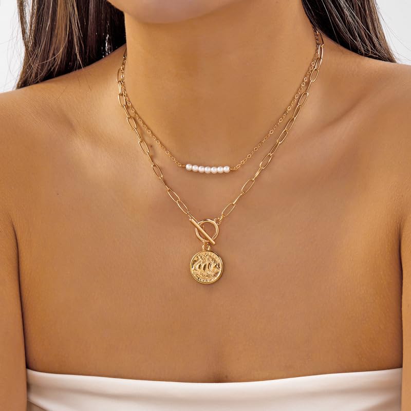 Gold Pirate Necklace for Women Layered Stack Charm Necklace Coin Pendant Necklaces Chunky Pirate Necklaces Pirates Costume Jewelry Accessories - color: gold2