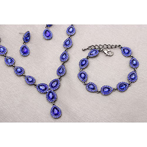 Austrian Crystal Rhinestone Necklace Dangle Earrings Link Bracelet Jewelry Set for Brides Bridesmaid Prom Costume Accessories for Women - color: Blue-Gun Black